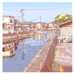  blue_sky boat building canal day house matsuyama_kojika no_humans original outdoors power_lines scenery sky urban utility_pole water watercraft 