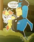 anal anthro blue_body blue_fur braixen_(braixensanders) bulge bulge_size_difference detailed_background dialogue duo forest from_behind_position fur generation_4_pokemon girly hi_res holding_partner kiyu_(sillyniko) lucario male male/male moan nagisalucario nintendo noises penetration plant pokemon pokemon_(species) sex shrub sillynikoarts_(artist) size_difference standing standing_doggystyle standing_sex tree yellow_body yellow_fur