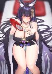  1girl absurdly_long_hair animal_ear_fluff animal_ears azur_lane bare_shoulders blurry blurry_background breasts cafenami cleavage collarbone commentary_request facial_mark feet_out_of_frame fox_ears fox_girl gem hand_on_own_chest highres huge_breasts jewelry long_hair long_sleeves magatama magatama_necklace musashi_(azur_lane) necklace pouring pouring_onto_self purple_gemstone purple_hair solo very_long_hair whisker_markings wide_sleeves yellow_eyes 