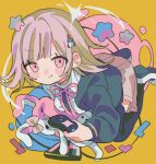  1girl :t blush controller danganronpa_(series) edge_0605 flipped_hair galaga hair_ornament highres holding holding_controller hood hood_down hoodie long_sleeves looking_at_viewer monomi_(danganronpa) nanami_chiaki neck_ribbon pink_eyes pink_hair ribbon shoes short_hair skirt stuffed_animal stuffed_rabbit stuffed_toy tetris thighhighs yellow_background 