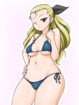  1girl assam_(girls_und_panzer) bikini black_ribbon blonde_hair blue_bikini blue_eyes blush breasts closed_mouth cowboy_shot frown girls_und_panzer groin hair_pulled_back hair_ribbon halterneck hand_on_own_hip long_hair looking_at_viewer medium_breasts navel one_eye_closed ribbon side-tie_bikini_bottom solo standing swimsuit yass_hero 