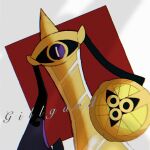  aegislash black_sclera bright_pupils character_name chromatic_aberration colored_sclera commentary dutch_angle glitch highres holding holding_shield no_humans one-eyed pokemon pokemon_(creature) purple_eyes red_background rize_(r) shield slit_pupils solo sword weapon white_pupils 