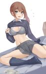  1girl :d banknote bed black_socks black_sweater bow bow_bra bra breasts brown_hair clothes_lift collared_shirt commentary_request dress_shirt flying_sweatdrops grey_bra grey_eyes grey_skirt hair_between_eyes kopaka_(karda_nui) long_hair long_sleeves looking_at_viewer medium_breasts money navel no_shoes on_bed original pleated_skirt puffy_long_sleeves puffy_sleeves ribbed_legwear ribbed_socks shirt shirt_lift side_ponytail simple_background sitting skirt sleeves_past_wrists smile socks solo sweat sweater sweater_lift underwear white_background white_shirt 