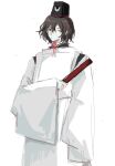  1other adapted_costume androgynous black_eyes black_hair chinese_commentary commentary_request detached_sleeves hair_between_eyes holding len&#039;en mxx33 other_focus red_pupils red_ribbon ribbon senri_tsurubami simple_background sketch solo white_background white_sleeves wide_sleeves 