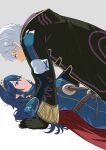  1boy 1girl ameno_(a_meno0) armor belt black_gloves black_robe blue_cape blue_eyes blue_gloves blue_hair brown_belt brown_eyes cape commentary eye_contact fingerless_gloves fire_emblem fire_emblem_awakening gloves grey_background grin hair_between_eyes hetero hood hood_down hooded_robe kabedon long_hair long_sleeves looking_at_another lucina_(fire_emblem) lying pauldrons profile red_cape robe robin_(fire_emblem) robin_(male)_(fire_emblem) short_hair shoulder_armor simple_background smile tiara two-tone_cape 
