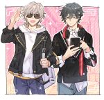  2boys :d bag black_hair black_jacket black_sweater_vest blue_pants border caelus_(honkai:_star_rail) caelus_(world_tour_2023)_(honkai:_star_rail) cellphone closed_mouth collared_shirt cowboy_shot dan_heng_(honkai:_star_rail) dan_heng_(kfc)_(honkai:_star_rail) earrings expressionless green_eyes grey_hair hair_between_eyes hand_up headphones headphones_around_neck holding holding_phone honkai:_star_rail honkai_(series) hood hood_down hooded_shirt jacket jewelry long_sleeves looking_at_phone looking_at_viewer male_focus multiple_boys official_alternate_costume open_mouth outdoors outline outside_border pants phone shirt short_hair single_earring smartphone smile sparkle standing star_(symbol) sudachips sunglasses sweater_vest trailblazer_(honkai:_star_rail) viewfinder white_border white_outline white_shirt wing_collar 