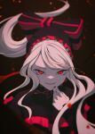  1girl absurdres black_bow bow brown_background dress fangs frilled_dress frills gradient_background grey_hair hand_up highres holding hood hood_up long_hair long_sleeves looking_at_viewer overlord_(maruyama) red_bow red_eyes shalltear_bloodfallen slit_pupils smile solo ynnk_lc 