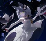  1girl animal_ears azur_lane bare_shoulders black_background black_choker black_ribbon card choker detached_sleeves dress green_eyes grey_hair hat highres holding holding_clothes holding_hat kitakaze_(azur_lane) kitakaze_(night_of_doves_and_magic)_(azur_lane) long_dress looking_at_viewer naycot official_alternate_costume playing_card ribbon short_hair solo strapless strapless_dress suit top_hat unworn_headwear white_dress 