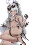  1girl ass bikini black_bikini black_choker black_gloves blue_archive blush breasts choker closed_mouth dark-skinned_female dark_skin demon_tail eyewear_on_head gloves grey_hair hair_over_one_eye hair_ribbon haruyukiko highres iori_(blue_archive) iori_(swimsuit)_(blue_archive) long_hair medium_breasts navel pointy_ears red_eyes ribbon sandals side-tie_bikini_bottom solo string_bikini sunglasses swimsuit tail thigh_strap twintails very_long_hair 