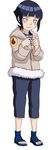  1girl ankles artist_request black_hair blush coat eyebrows feet fidgeting forehead_protector full_body grey_eyes headband hyuuga_hinata naruto nervous official_art purple_eyes sandals short_hair solo throat toes white_background white_eyes 