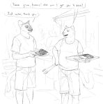 anthro barbecue bottomwear cettus clothing cookout cougar detailed_background domestic_cat duo felid feline felis food grill hi_res karras_lafontaine male male/male mammal outside overweight overweight_male samson_(derpoomer) shorts siamese tongs tools