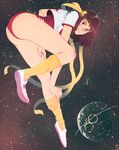  ass brown_eyes brown_hair full_moon gym_uniform headband kyle_fewell leotard loose_socks moon red_leotard shoes smile sneakers socks solo space takaya_noriko top_wo_nerae! 