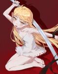  1girl absurdres ahoge arm_up bare_legs barefoot black_ribbon blonde_hair blush chunkyeggy collarbone commentary dress english_commentary eyelashes fangs feet flat_chest full_body highres holding holding_sword holding_weapon kiss-shot_acerola-orion_heart-under-blade kizumonogatari legs long_hair looking_at_viewer monogatari_(series) on_ground open_mouth oshino_shinobu pointy_ears red_background revision ribbon shadow short_dress simple_background sitting slit_pupils soles solo sword toes vampire very_long_hair weapon white_dress wrist_ribbon 