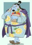 2024 apple banana beard blue_body blush clothed clothing facial_hair fish-men_(one_piece) food footwear fruit hi_res jinbe male marine one_piece orange_(fruit) overweight overweight_male panda_po plant sandals simple_background solo walking