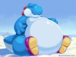 2023 3_fingers 4:3 artist_name belly belly_rub big_belly blue_body blue_skin blue_yoshi blurthefur boots boots_only clothing countershading eyes_closed fingers footwear footwear_only happy_expression hi_res huge_belly hyper hyper_belly landscape_background mario_bros moobs mostly_nude nintendo obese overweight rubbing rubbing_self sitting sitting_on_ground sky_background smile snow watermark white_body white_countershading yoshi