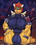 anthro big_breasts bowser breasts bulge clothed clothing crossgender genital_outline gynomorph hair intersex koopa looking_at_viewer mario_bros mtg_crossgender mti_crossgender muscular muscular_gynomorph muscular_intersex nintendo penis_outline pupils red_hair scalie snao solo thick_thighs yellow_body