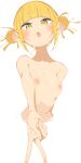  1girl blonde_hair blush boku_no_hero_academia commentary cropped_torso double_bun fang hair_bun highres looking_at_viewer nipples nude open_mouth rasusurasu reaching reaching_towards_viewer simple_background skin_fang solo toga_himiko upper_body v white_background yellow_eyes 