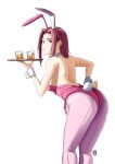 1girl animal_ears ass automatic_giraffe backless_leotard bare_shoulders blue_eyes bow bowtie breasts code_geass cup detached_collar drinking_glass english_commentary fake_animal_ears fake_tail from_behind highleg highleg_leotard highres holding holding_tray kallen_stadtfeld leaning_forward leotard looking_at_viewer medium_breasts official_alternate_costume pantyhose pink_leotard pink_pantyhose playboy_bunny rabbit_ears rabbit_tail red_hair short_hair solo standing strapless strapless_leotard tail traditional_bowtie tray white_background wrist_cuffs 
