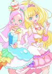  2girls bead_necklace beads big_hair blonde_hair blue_eyes blunt_bangs clothing_cutout commentary cure_finale cure_parfait delicious_party_precure dress earrings english_commentary food-themed_clothes food-themed_hair_ornament frilled_dress frills gloves green_eyes green_hairband hair_ornament hairband halftone highres in-franchise_crossover jewelry jj_(ssspulse) kasai_amane kirahoshi_ciel kirakira_precure_a_la_mode long_bangs long_hair long_sleeves looking_at_viewer magical_girl medium_dress multicolored_clothes multicolored_dress multiple_girls necklace open_mouth parfait pink_hair precure purple_headwear shoulder_cutout side-by-side smile standing tiara trait_connection white_dress white_gloves 
