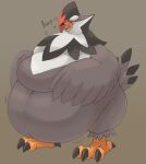 2024 ambiguous_gender anthro avian beak belly belly_overhang belly_rolls big_belly biped bird black_body black_feathers brown_background burping chubby_cheeks digital_drawing_(artwork) digital_media_(artwork) feathers feet full-length_portrait generation_4_pokemon grey_body grey_feathers hi_res highlights_(coloring) huge_belly moobs morbidly_obese morbidly_obese_ambiguous morbidly_obese_anthro multicolored_body multicolored_feathers nintendo obese obese_ambiguous obese_anthro open_mouth overweight overweight_ambiguous overweight_anthro pokemon pokemon_(species) portrait red_eyes red_highlights semi-anthro simple_background solo standing staraptor tail tail_feathers talons three-quarter_view toes tongue white_body white_feathers winged_arms wings xeniyy