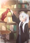  1girl absurdres bird book bookshelf crossover earrings elf fawkes frieren green_eyes harry_potter_(series) highres jewelry kaai_yuu long_hair looking_at_animal necktie open_mouth phoenix pointy_ears skirt solo sousou_no_frieren sweater twintails white_hair wizarding_world 