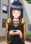  1girl blush byakugan crossed_fingers face female fishnets forehead_protector hyuuga_hinata konohagakure_symbol long_hair looking_at_viewer naruto ninja purple_hair solo tree white_eyes window 