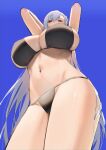  1girl arms_up azur_lane belfast_(azur_lane) bikini black_bikini blue_background blue_eyes breasts duplicate eyebrows_hidden_by_hair from_below hair_between_eyes huge_breasts large_breasts long_hair looking_at_viewer looking_down lordol navel pixel-perfect_duplicate simple_background solo stomach swimsuit thick_thighs thighs under_shot underwear white_hair wide_hips 