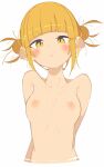  1girl annoyed blonde_hair blush boku_no_hero_academia breasts closed_mouth double_bun hair_bun highres looking_at_viewer nipples nude rasusurasu simple_background small_breasts solo toga_himiko upper_body v-shaped_eyebrows white_background yellow_eyes 