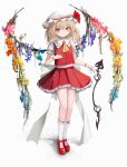  1girl back_bow blonde_hair blush bow bracelet collared_shirt expressionless flandre_scarlet flower_wings frilled_shirt_collar frilled_skirt frilled_socks frills full_body hat highres jewelry laevatein_(touhou) long_hair mary_janes mob_cap pink_eyes pleated_skirt reverinth shirt shoes short_sleeves simple_background skirt slit_pupils socks solo touhou white_background wings 