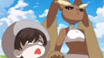 1boy 1girl :&lt; animal_nose black_sclera blue_sky body_fur brown_eyes brown_fur brown_hair closed_mouth cloud colored_sclera commentary_request constricted_pupils crop_top day english_commentary eye_contact florian_(pokemon) furry furry_female grapeanime grey_headwear half-closed_eyes hat highres looking_at_another looking_down looking_up lopunny midriff mixed-language_commentary navel open_mouth outdoors pink_eyes pokemon pokemon_(creature) pokemon_sv shaded_face shirt short_hair sky sleeveless sleeveless_shirt standing stomach surprised two-tone_fur upper_body white_shirt yellow_fur 
