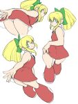  1girl ass blonde_hair boots closed_mouth dress full_body green_eyes green_ribbon hair_ribbon highres long_hair looking_at_viewer mega_man_(classic) mega_man_(series) ponytail red_dress ribbon roll_(mega_man) simple_background skirt smile solo toshinoshin white_background 