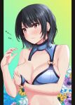  1girl bare_arms bare_shoulders bikini black_hair blue_bikini blush breasts cleavage closed_mouth collarbone covering_breasts covering_privates flower highres jouzaburou_(joe3) kantai_collection large_breasts purple_flower red_eyes short_hair solo swimsuit takao_(kancolle) upper_body wardrobe_malfunction yellow_flower 