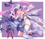  2girls angel_wings angewomon asymmetrical_clothes belt black_footwear blonde_hair boots bracelet breasts chain clothing_cutout colored_skin covered_eyes digimon feathered_wings futa_yuri_ryona grey_hair grey_skin head_wings helmet high_heel_boots high_heels highres hip_vent jewelry ladydevimon large_breasts lips long_fingers long_hair lying multiple_girls o-ring red_eyes revealing_clothes ribbon rotational_symmetry simple_background stomach_cutout torn_clothes v white_footwear wings yuri 