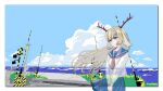  1girl alternate_costume antlers blonde_hair blue_sailor_collar blue_skirt blue_sky border cel_shading closed_mouth cloud commentary_request cowboy_shot expressionless grass green_eyes highres horizon horns long_hair looking_afar masuo_insu medium_bangs nanashi_inc. neckerchief ocean outside_border own_hands_together railroad_crossing red_neckerchief road sailor_collar school_uniform serafuku shirt shoujo_rei_(vocaloid) skirt sky solo transparent tsukinoki_tirol utility_pole waves white_border white_shirt 