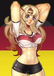  2014_fifa_world_cup abs absurdres breasts circlet crop_top fengmo flag_background german_flag germany highres impossible_clothes impossible_shirt large_breasts midriff original shirt short_shorts shorts smile solo sweat world_cup 