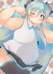  1girl absurdres alternate_body_size alternate_breast_size aqua_hair artist_name bare_shoulders blue_eyes blue_necktie blue_outline boned_meat breasts clenched_hands clenched_teeth cowboy_shot dot_nose flexing food hair_between_eyes hair_ornament hatsune_miku highres large_breasts long_hair looking_at_viewer meat miniskirt necktie one_eye_closed open_mouth outline plump shirt skirt sleeveless sleeveless_shirt solo teeth thick_arms thick_thighs thighs twintails twitter_username vocaloid white_background white_outline wing_collar xixiriima zettai_ryouiki 