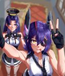  2girls absurdres black_gloves black_skirt blurry breasts checkered_necktie collared_shirt depth_of_field dress_shirt eyepatch gloves hair_intakes hallway halo headgear highres kantai_collection large_breasts mechanical_halo multiple_girls necktie partially_fingerless_gloves purple_hair selfie shirt short_hair skirt sleeveless sleeveless_shirt tatsuta_(kancolle) tatsuta_kai_ni_(kancolle) tenryuu_(kancolle) tenryuu_kai_ni_(kancolle) timq tongue tongue_out upper_body white_shirt yellow_eyes 