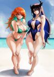  2girls absurdres asymmetrical_horns bare_shoulders beach bikini black_hair black_one-piece_swimsuit blue_hair blue_sky breasts earrings glowing glowing_earrings gradient_hair green_bikini grey_hair highres hololive hololive_english horns jewelry large_breasts looking_at_viewer lordmagnuss mole mole_under_eye multicolored_hair multiple_girls nerissa_ravencroft ocean one-piece_swimsuit orange_hair purple_eyes sand sky smile swimsuit takanashi_kiara 