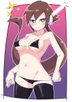  1girl absurdres aile_(mega_man_zx) bikini black_bikini black_thighhighs blush breasts brown_hair buzzlyears green_eyes highres large_breasts long_hair mega_man_(series) mega_man_zx mega_man_zx_advent navel paid_reward_available ponytail robot_ears solo swimsuit thighhighs 