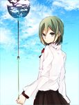  :/ bad_id bad_pixiv_id balloon brown_eyes green_hair holding kagerou_project kido_tsubomi looking_at_viewer looking_back nanase09rr pleated_skirt short_hair sketch skirt solo 