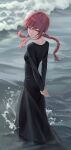  1girl absurdres arms_behind_back beach black_dress braid braided_ponytail chainsaw_man closed_mouth dress highres long_dress long_hair looking_at_viewer ly_7317 makima_(chainsaw_man) ocean red_eyes red_hair ringed_eyes sand solo water 