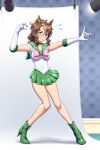  alternate_costume animal_ears aozame_takao bishoujo_senshi_sailor_moon blue_eyes boots brown_hair choker cosplay elbow_gloves embarrassed gloves green_footwear green_sailor_collar green_skirt high_heel_boots high_heels highres horse_ears looking_at_viewer mejiro_palmer_(umamusume) posing sailor_collar sailor_jupiter sailor_jupiter_(cosplay) shirt skirt smile umamusume white_gloves white_shirt 