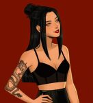  1girl arm_tattoo avatar:_the_last_airbender avatar_legends azula black_hair bra english_commentary gittanart half_updo hand_on_own_hip highres long_hair looking_up red_background red_lips sidelocks simple_background smile solo tattoo underwear upper_body 