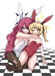  2girls absurdres animal_ears black_horns black_pantyhose blonde_hair blue_archive blue_halo blush checkered_floor demon_horns fake_animal_ears grey_eyes halo heart highres horns ibuki_(blue_archive) iroha_(blue_archive) je_o_mo leotard long_hair multiple_girls one_eye_closed open_mouth pantyhose rabbit_ears red_hair red_leotard side_ponytail simple_background smile white_background white_leotard yellow_eyes yellow_halo 