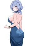  1girl absurdres ako_(blue_archive) ako_(dress)_(blue_archive) ass back backless_dress backless_outfit bare_shoulders blue_archive blue_dress blue_eyes blue_hair blush breasts closed_mouth dress from_behind hair_between_eyes hairband highres large_breasts looking_at_viewer looking_back medium_hair official_alternate_costume sideboob simple_background smile solo upper_body white_background ya_ta 