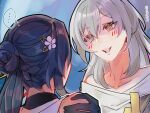  ... 2girls :d aoiabyss bare_shoulders black_gloves blue_hair commentary gloves grey_eyes grey_hair highres honkai:_star_rail honkai_(series) long_hair multiple_girls off-shoulder_shirt off_shoulder open_mouth ruan_mei_(honkai:_star_rail) shirt smile spoken_ellipsis stelle_(honkai:_star_rail) trailblazer_(honkai:_star_rail) upper_body white_shirt yuri 