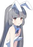  1girl alternate_costume animal_ears blue_archive blue_bow blue_bowtie blunt_bangs blunt_tresses bow bowtie commentary_request detached_collar eka_eri fake_animal_ears flat_chest grey_hair leotard light_blush long_hair looking_at_viewer miyu_(blue_archive) parted_lips playboy_bunny rabbit_ears red_eyes simple_background solo strapless strapless_leotard sweat upper_body white_background white_leotard 