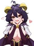  1girl ahoge black_hair blush breasts cleavage demon_wings fangs hais hiiragi_utena horns large_breasts looking_at_viewer magical_girl mahou_shoujo_ni_akogarete open_mouth short_hair simple_background smile solo star-shaped_pupils star_(symbol) symbol-shaped_pupils upper_body white_background wings yellow_eyes 