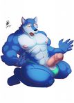  abs anthro balls biceps big_muscles big_penis black_nose canine claws donryu erection male mammal muscles nipples open_mouth pecs penis plain_background wolf 