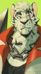  1boy animal_ears arknights artist_name bara blue_eyes chain_necklace dated english_commentary furry furry_male green_background highres jewelry keybinlarose male_focus mountain_(arknights) necklace scar scar_across_eye scar_on_cheek scar_on_face tiger_boy tiger_ears tiger_stripes upper_body 